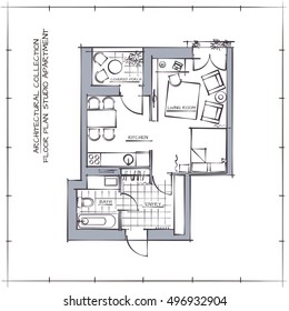 Architectural Professional Vector Sketch Floor Plan. Studio Apartment