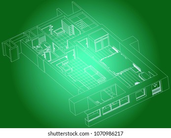 Architectural project of the apartment, interior, blueprint, 3d, CAD,  perspective view. Vector