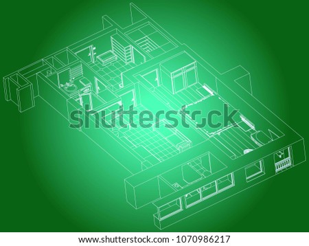 Architectural project of the apartment, interior, blueprint, 3d, CAD,  perspective view. Vector