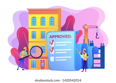 Architectural project approval, safety check. Construction quality control, construction quality management, hire your quality technician concept. Bright vibrant violet vector isolated illustration