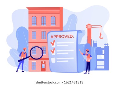 Architectural project approval, safety check. Construction quality control, construction quality management, hire your quality technician concept. Pinkish coral blue vector isolated illustration