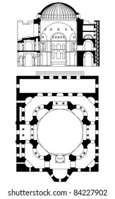 Architectural project of church background. Cross-section, facade scheme. Construction sketch drawing of modern building design in AutoCAD highly detailed, vector. Isolated on white