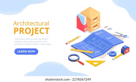 Architectural project concept. Drawing of building, blueprint and tools, ruler, magnifying glass and pencil. Construction and engineering, urban architecture. Cartoon isometric vector illustration