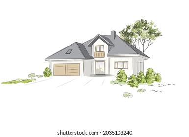 Architectural project exclusive detached house. Vector illustration.