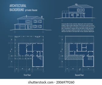 Architectural project: floor plan and cross section suburban house. Drawing of the modern building. Cottage project on blue background. Vector blueprint. Architectural Technical Illustration.