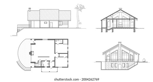 Architectural project: floor plan, facades and cross section suburban house. Drawing of the modern building. Cottage project on white background. Vector blueprint.