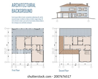 Proyecto arquitectónico: los planos y la casa de campo de fachada. Casa suburbana de colores sobre fondo blanco. Diseño de vectores. El diseño del edificio moderno. Ilustración técnica arquitectónica.
