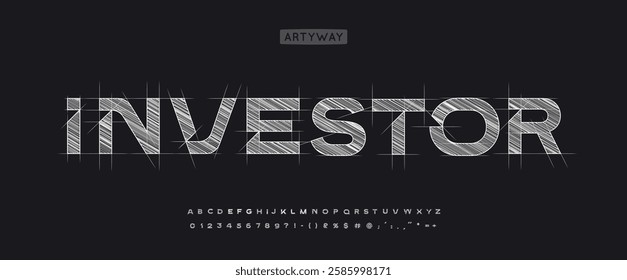 Architectural project font, technical draw style alphabet. Geometrical typography. Wireframe letters, typographic design with draft strokes for real estate investment logo, headline. Vector typeset