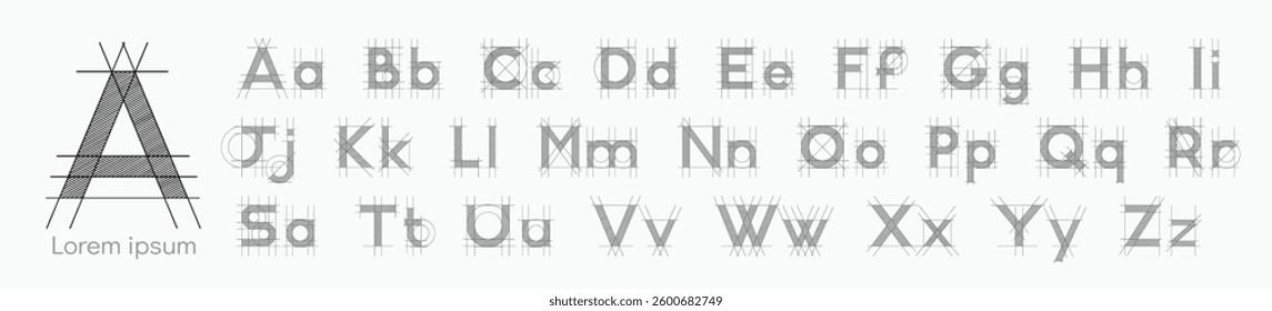 Architectural project font, technical draw style alphabet. Geometrical typography. Wireframe letters, typographic design with draft strokes for architecture logo and headline. Isolated vector typeset
