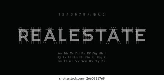 Architectural project font, technical draw style alphabet. Geometrical typography. Wireframe letters, typographic design with draft strokes for architecture logo and headline. Isolated vector typeset
