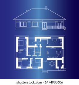 Architectural project of a house. Drawing of the facade and floor plan of the cottage. Vector realistic illustration.