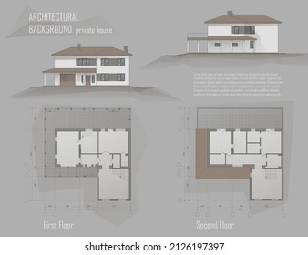 Architectural project of house: floor plan and façade of villa. Drawing of the modern building. Template of Colored suburban house project. Cottage vector blueprint. Technical illustration