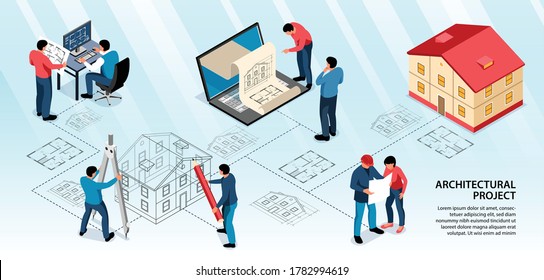 Diseño de infografías de proyectos arquitectónicos con diseñadores que trabajan con aplicaciones de computadoras y herramientas de dibujo ilustración vectorial isométrica