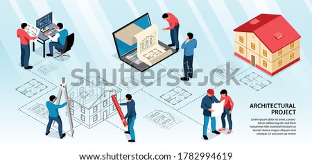 Architectural project infographics layout with designers working with computer app and drawing tools isometric vector illustration