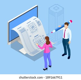 Architectural Project Isometric Concept. Professional Architects and Designers Working. Engineer working on laptop computer with blueprints on screen