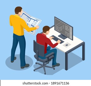 Architectural Project Isometric Concept. Professional Architects and Designers Working. Engineer working on computer with blueprints on screen.