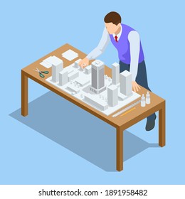 Architectural Project Isometric Concept. Professional Architect and Designer Working.