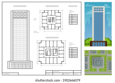 Architectural Project, modern project of building. Wireframe building illustration of architecture