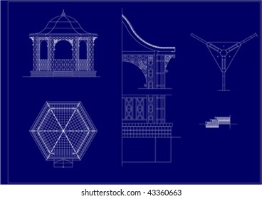 Architectural project of the Music Pavilion background. Cross-section, facade scheme. Construction sketch drawing of modern building design in AutoCAD highly detailed
