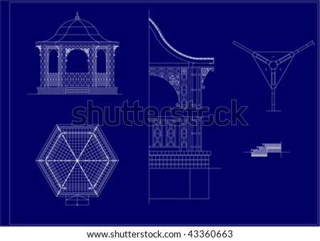 Architectural project of the Music Pavilion background. Cross-section, facade scheme. Construction sketch drawing of modern building design in AutoCAD highly detailed