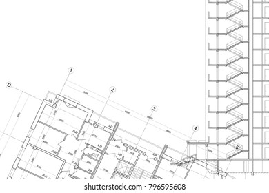 Architectural project on the white background. Section, plan. Blueprint
