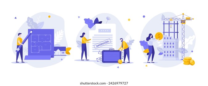 Architectural project realization flat concept vector illustrations set. Urban construction site cartoon composition. Attraction of investor for building and creative idea for website, presentation