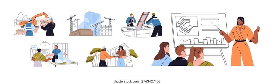 Architectural project set. Builders work on construction site, concreting house. Architects and engineers are presenting building drafts to workers. Flat isolated vector illustrations on white