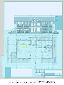 Architectural project of a wooden building from glued beams, roofs, terrace, billiard room, residential house, plan and elevations, 3d, perspective, blueprint. Vector.