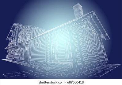 Architectural project of the wooden building from glued beams, with  terrace , residential house, 3d, perspective, realistic, blueprint. Vector.