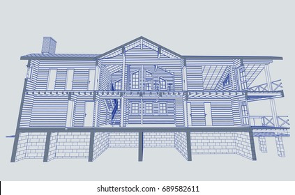 Architectural project of the wooden building from glued beams, facades, private individual house, the section of the facade, 3d, perspective,realistic, the blueprint. Vector. 