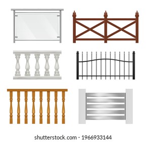 Architectural railing. Wooden metal plastic or glass sections for balcony handrails pillar decoration vector realistic collection