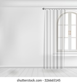 Architectural realistic background. A wall with a window and curtain. Partial view of interior clean empty room. stock vector