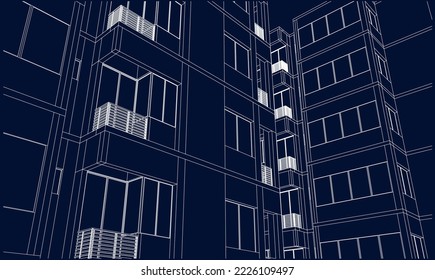 Architectural residential apartment building façade perspective from down 3D Line drawing illustration eps10 blueprint