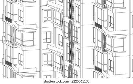 Architectural residential building façade isometric 3D Line drawing illustration vector