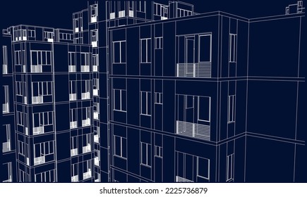 Architectural residential building façade perspective 3D Line drawing illustration vector blueprint