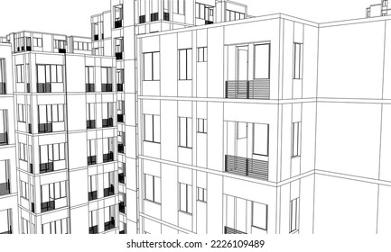 Architectural residential building façade perspective 3D Line drawing illustration vector 