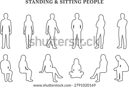 Architectural Scale Figures of Standing and Sitting People, Minimalist Clean Outline Art Elevation CAD Blocks Vector Set of Men and Women for Interior Layouts and Section Diagrams