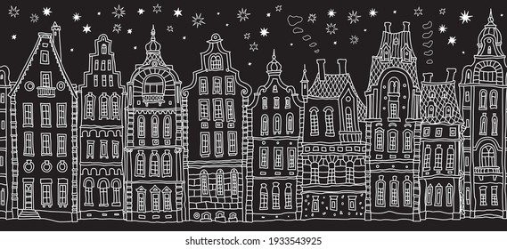 Architectural seamless border pattern. Black and white doodle Fantasy landscape.Fairy tale Dutch houses panorama, old medieval European town street. Hand drawn sketch, travel brochure, web site banner