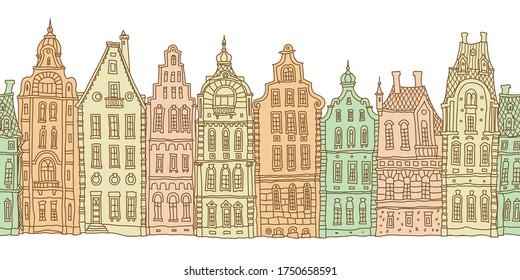 Architectural seamless border pattern. Colorful doodle Fantasy landscape. Fairy tale Dutch houses panorama, old medieval European town street. Hand drawn sketch, travel brochure, web site banner