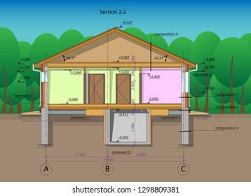 Architectural section one  storey residential building forest background 