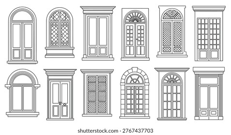 Architectural set of classical window and door frames in detailed line art for building design and blueprints.