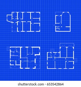 Architectural set of floor plans blueprints. Vector unfurnished ground floor plans for your design. Suburban houses icons collection.