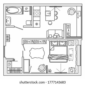 Architectural set of furniture. Design elements for floor plan, premises. Thin lines icons of home equipment, tables, sofa, flowers in top view. Vector isolated