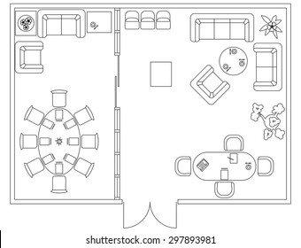 Architectural Set Of Furniture. Design Elements For Floor Plan, Premises. Thin Lines Icons Of Office Technics, Tables, Sofa, Equipment, Computer, People, Flowers. Standard Size. Vector Isolated