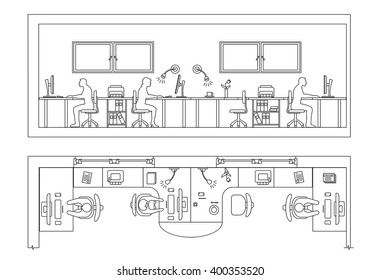 Architectural set of furniture. Design elements for plan, section, frontal view. Thin lines icons of office technics, tables, equipment, computer, people, flowers. Standard size. Vector isolated