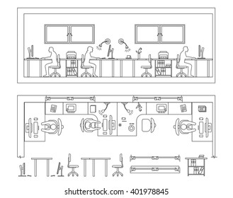 Architectural set of furniture. Design elements for plan, section, frontal view. Thin lines icons of office technics, tables, equipment, computer, people, flowers. Standard size. Vector isolated