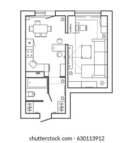 Architectural set of furniture. Design elements for floor plan, premises. Thin lines icons of home equipment, tables, sofa, flowers in top view. Standard size. Vector isolated
