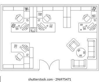 Architectural Set Of Furniture. Interior Design Elements For Floor Plan, Premises. Thin Lines Icons Of Office Tables, Sofa, Equipment, Computer, People, Flowers. Standard Size. Vector Isolated