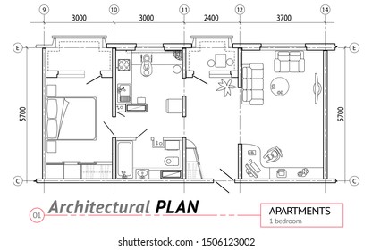 Architectural set of furniture on apartment plan with sizes. Interior design elements for house, kitchen, bedroom, bath-room. Thin lines icons. Home, hotel equipment. Vector. 8 EPS