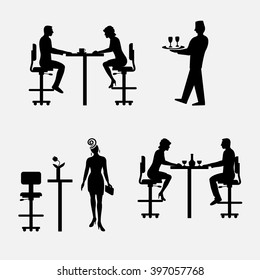 Architectural set of furniture with people. Sitting man, woman. Front view. Interiors elements for restaurant, bar, cafe, premises. Table, chair. Standard size. Vector